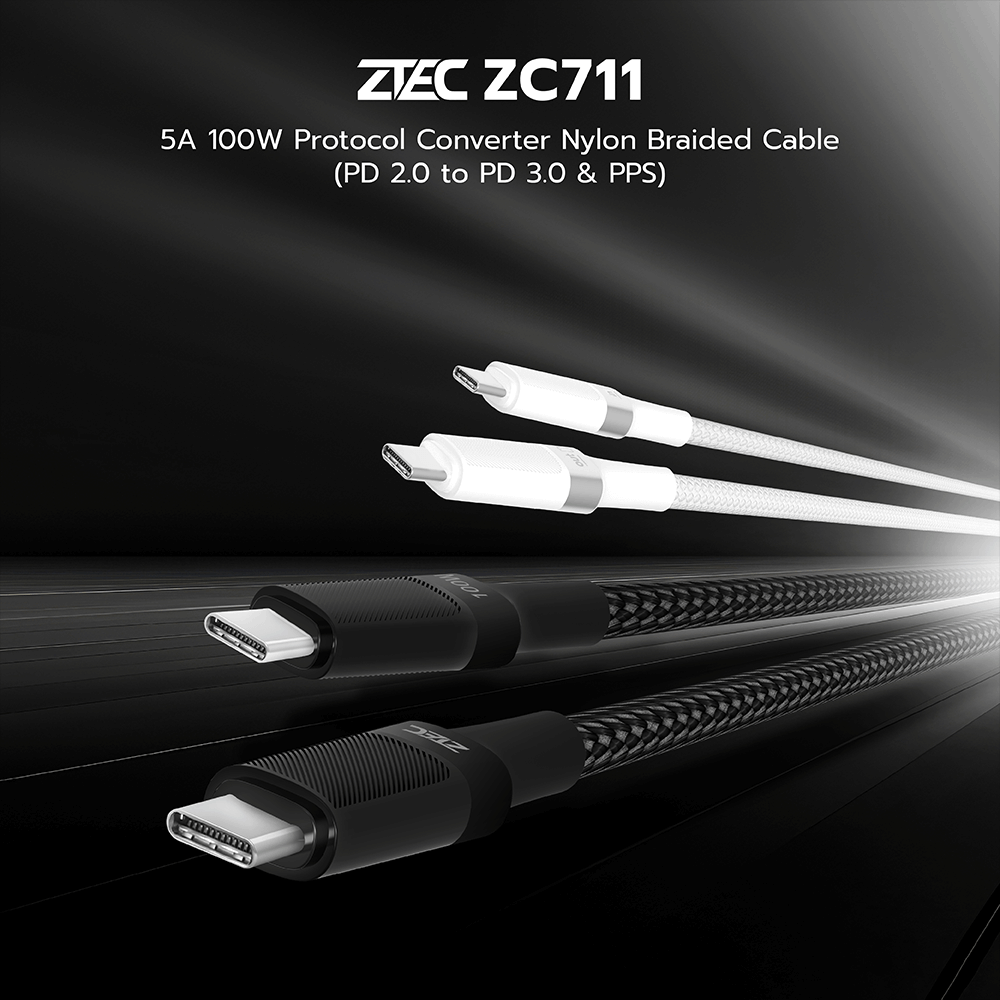 สายชาร์จ AI ZTEC ZC711 5A 100W สีขาว แปลงเทคโนโลยีชาร์จเร็ว PD2.0 เป็น PD3.0 และ PPS_1